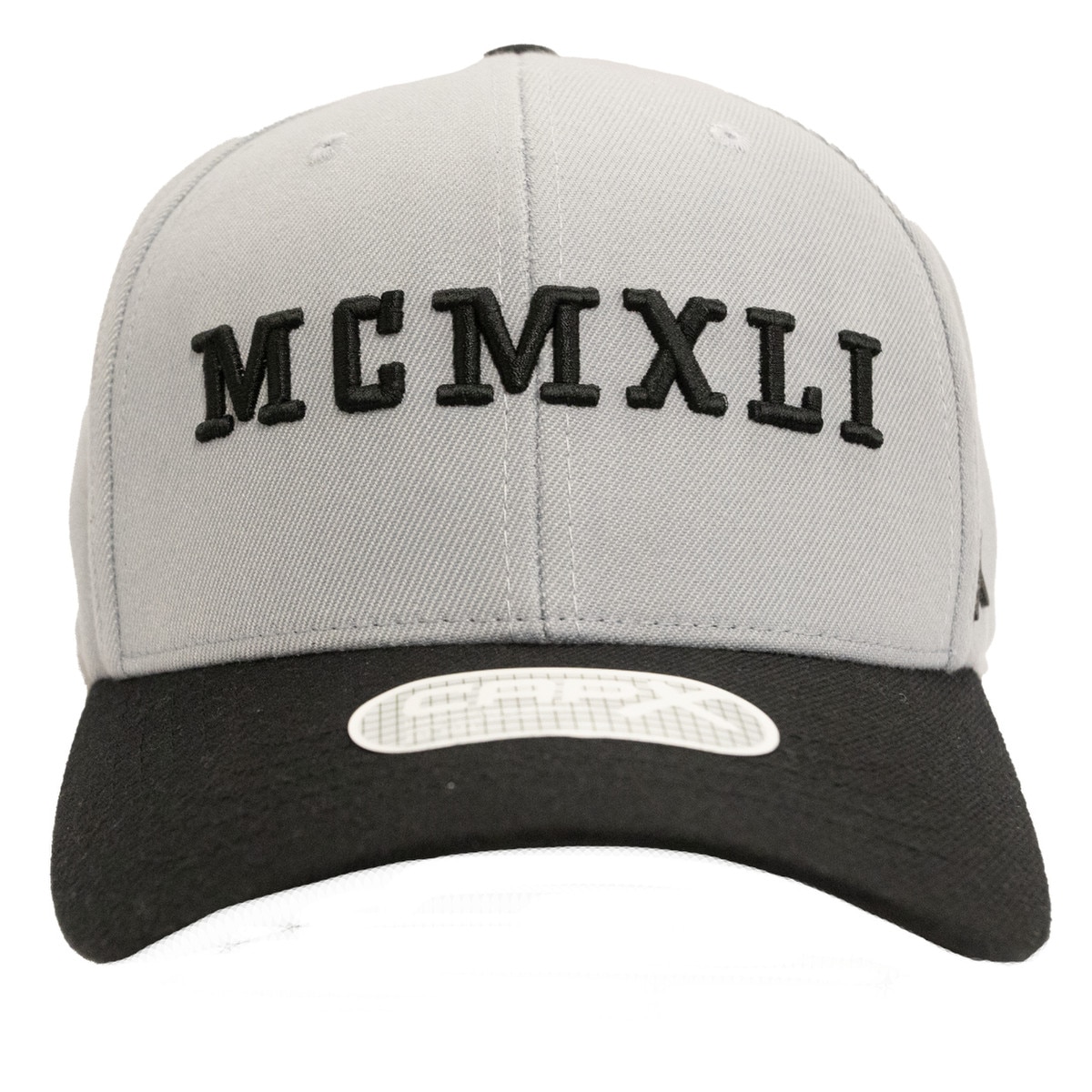 Structured adjustable grey vintage hat from the side with black accents with roman numerals reading “MCMXLI” on the front for 1941